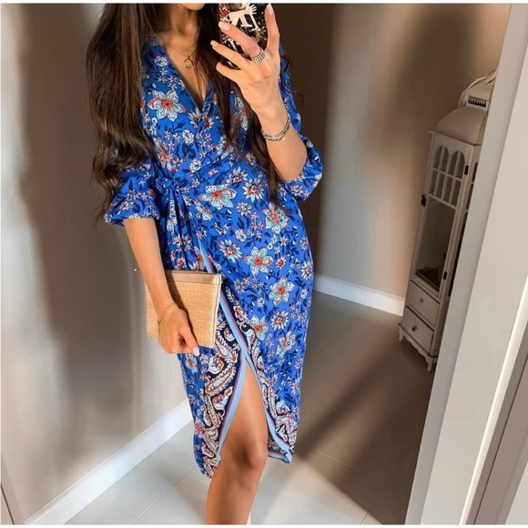ZARA BLOGGER FAVORITE FLORAL PRINT DRESS BLUE - Picture 9 of 16